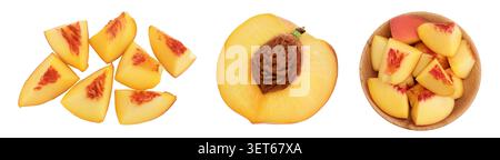 ripe peach isolated on white background with clipping path. Top view. Flat lay pattern Stock Photo