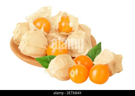 Cape gooseberry or physalis in wooden bowl isolated on white background wit full depth of field Stock Photo