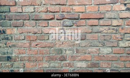 Brick wall with various textures and colors seen during daylight in an outdoor setting Stock Photo