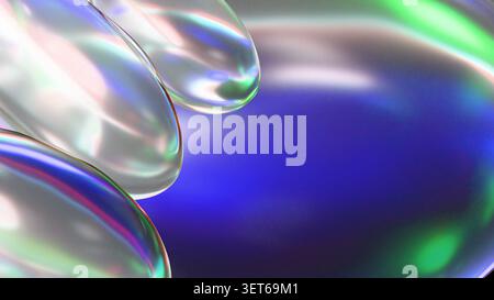Futuristic background with translucent 3D glass fluid drops on a vibrant blue and green mesh gradient. Trendy glassmorphism composition creates a beau Stock Photo