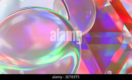 Stunning background with glossy 3D glass drops overlapping a colorful geometric diamond pattern. Premium iridescent template offers a beautiful futuri Stock Photo