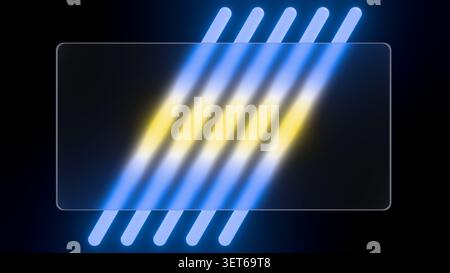 Sleek tech backdrop with five diagonal glowing gradient lines behind a frosted glass layer. Bright blue and yellow neon elements provide a premium min Stock Photo