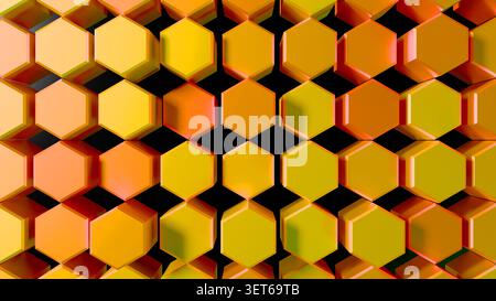 Modern geometric background with an organized flat layout of glossy 3D hexagonal cells over a dark surface. Vibrant orange and yellow mosaic template Stock Photo