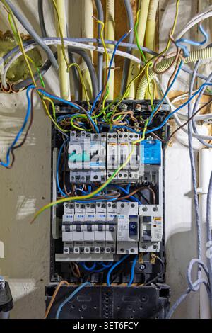 Utrecht, Netherlands - June 01, 2026: An open residential electrical distribution panel showing a messy array of older Eaton and Holec circuit breaker Stock Photo