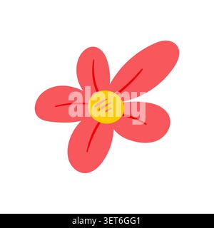 Cute cartoon flower illustration, flat vector style. Featuring a stylized red flower with a yellow center, isolated on a white background. Simple natu Stock Vector