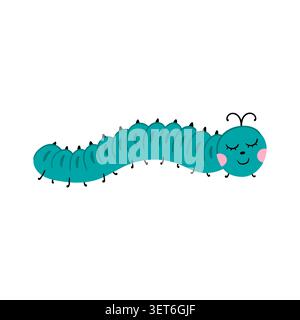 Cute happy caterpillar crawling in a simple flat cartoon style. Vibrant blue insect illustration, perfect for kids' decor Stock Vector