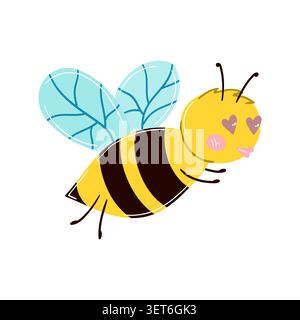 Cute love bee character in a cheerful flat cartoon style. Vibrant yellow and black insect illustration, perfect for kids' decor, educational projects, Stock Vector