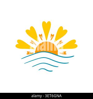 Cute cartoon sunrise illustration, flat vector style. Featuring a rising sun over blue ocean waves, isolated on white background. Simple Stock Vector