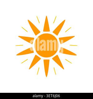 Stylized sun icon, flat vector illustration. Featuring a bright yellow and orange sun with artistic wavy, curved rays, isolated on white background. N Stock Vector
