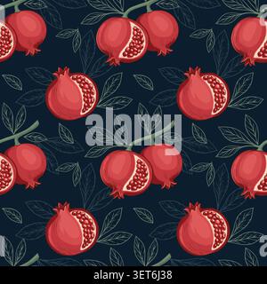 Pomegranate Fruit and Leaves Seamless Pattern on Dark Background Stock Vector
