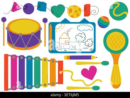 Bright vector set of kids' educational toys and musical instruments, including a xylophone, drum, and drawing board. Colorful flat design for preschoo Stock Vector