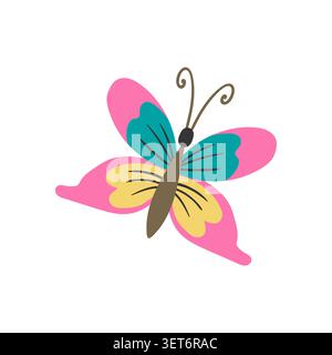 Beautiful butterfly illustration with vibrant pastel wings in a whimsical flat vector style. Perfect for spring designs Stock Vector