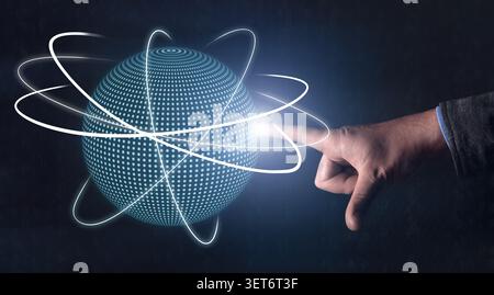 Man Touching new 3D scientific technologies on globe Stock Photo