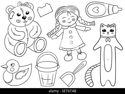 Cute set of vector children's toys, including a plush bear, rag doll, cat, and sand bucket, featuring Monochrome for nursery decor and playful educati Stock Vector