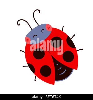 Cute happy ladybug in a simple flat cartoon style. Bright red and blue insect illustration, perfect for kids' decor, spring themes Stock Vector