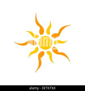 Stylized sun icon, flat vector illustration. Featuring a bright yellow and orange sun with artistic wavy, curved rays, isolated on white background. N Stock Vector