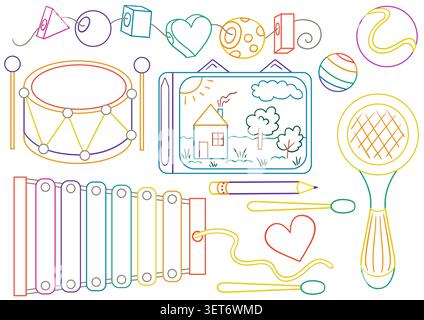 Bright vector set of kids' educational toys and musical instruments, including a xylophone, drum, and drawing board. Colored outline design for presch Stock Vector