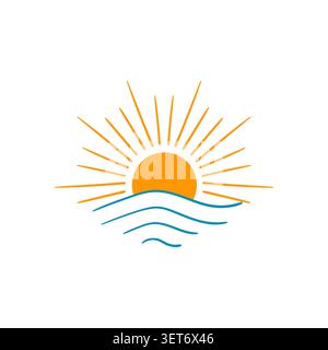 Cute cartoon sunrise illustration, flat vector style. Featuring a rising sun over blue ocean waves, isolated Stock Vector