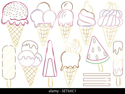 Set of delicious ice cream cones and popsicles in a Colored outline vector style. Colorful summer treats with chocolate, fruit flavors, perfect for fo Stock Vector