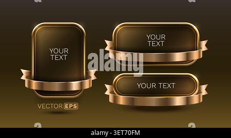 Elegant golden metallic frames with shiny ribbons. Premium design elements for text or labels. Vector illustration Stock Vector