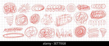 Chaotic pen sketches with tangled scribble lines and doodle circles vector illustration set. Stock Vector