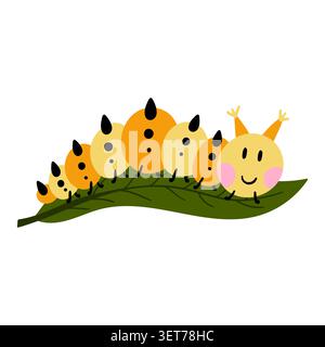 Cute happy caterpillar crawling on a green leaf in a simple flat cartoon style. Vibrant yellow and orange insect illustration, perfect for kids' decor Stock Vector