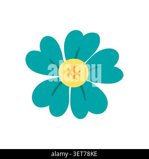Cute cartoon flower illustration, flat vector style. Featuring a stylized blue flower with a yellow center, isolated on a white background. Simple ico Stock Vector