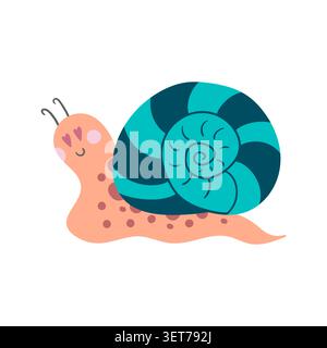 Cute lovers snail character in a flat cartoon style. Adorable pink and turquoise insect illustration for kids' decor, stickers Stock Vector