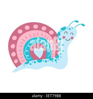 Cute happy snail character with hearts on its shell in a flat cartoon style. Adorable pink and turquoise insect illustration for kids' decor Stock Vector
