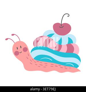 Cute happy snail character in a flat cartoon style. Adorable pink and turquoise insect illustration for kids' decor, stickers, and nursery themes Stock Vector