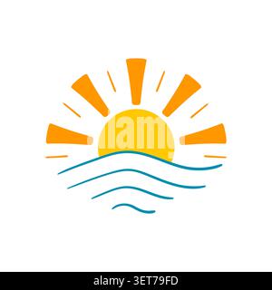 Cute cartoon sunrise illustration, flat vector style. Featuring a rising sun over blue ocean waves Stock Vector