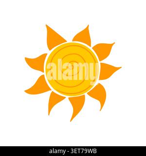 Stylized sun icon, flat vector illustration. Featuring a bright yellow and orange sun with artistic wavy, curved rays, isolated on white background Stock Vector