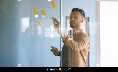 Focused Caucasian Man Writing On Glass Board With Sticky Notes In Office, Business Concept Stock Photo