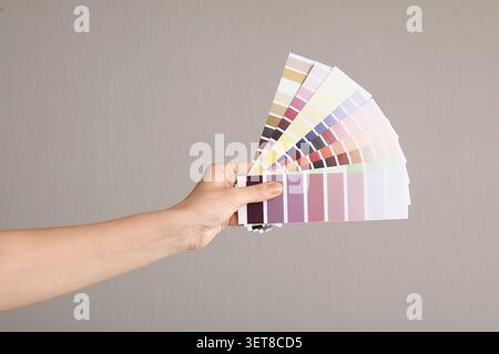 Hand holding color swatch palette for interior design and home renovation, paint selection guide Stock Photo