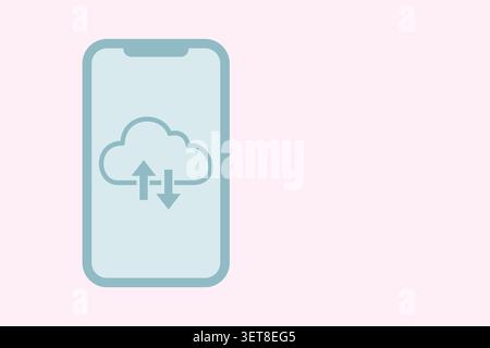 Flat clean illustration of a smartphone with cloud sync icons symbolizing mobile backup, data transfer, storage and device synchronization for apps an Stock Photo