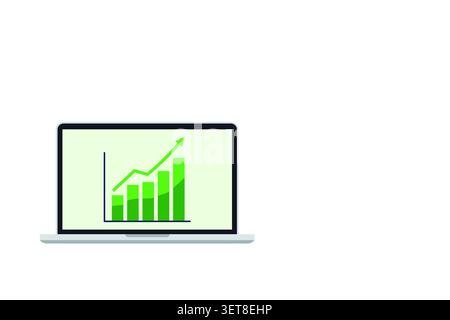 A modern laptop screen shows a green bar chart with an upward arrow, symbolizing business growth, financial analytics, performance metrics and data-dr Stock Photo