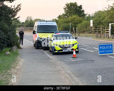 Dorney, Buckinghamshire, UK. 21st June, 2026. Thames Valley Police and Lowland Rescue Water Rescue Unit remain in Dorney, Buckinghamshire this eveing next to the Jubilee River. Part of Lake End Road next to the Jubilee River remains closed. Thames Valley Police said "We are currently at the scene of a sudden death in the Jubilee River, Dorney, Buckinghamshire. Officers were called to the scene at around 4.14pm today. Sadly the body of a man was found in the water. His next of kin have been made aware and are being supported by officers". Credit: Maureen McLean/Alamy Live News Stock Photo