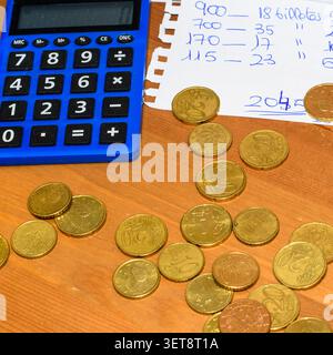 Scattered euro cent coins next to a calculator and handwritten totals on a wooden table, showing manual cash count, accounting and daily closing in a Stock Photo