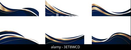 Elegant gold wave design with flowing curves and decorative corner elements, abstract vector background set. Luxury blue and golden borders for certificates, invitations, and premium frame templates Stock Vector