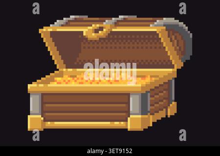 Pixel art open treasure chest with gold Stock Vector