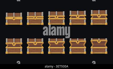 Pixel treasure chest opening animation frames Stock Vector
