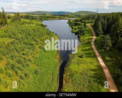 Aerial view of Carno Reservoir surrounded by green pine forests in Wales Stock Photo