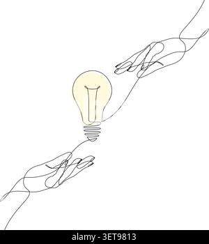 One line hands exchanging light bulb knowledge concept Stock Vector