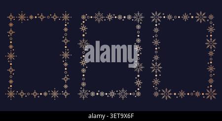 Golden snowflake borders, elegant winter seamless patterns isolated on dark background. Festive snow ornaments, decorative frames for holiday greeting cards, Christmas banners, and New Year designs. Stock Vector