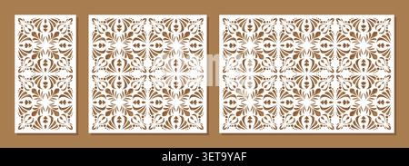 Collection of Stenciled laser cut panels. Abstract geometric patterns with circles, lines, halftone effect, gradient, grid. Decorative stencil for las Stock Vector