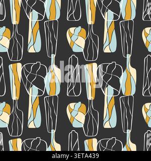 Seamless pattern with abstract ceramic vases and bottles in modern line art style on dark background for textile design and home decor wallpaper, feat Stock Vector