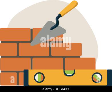 Brick Wall Construction with Trowel – Masonry Work Illustration Stock Vector