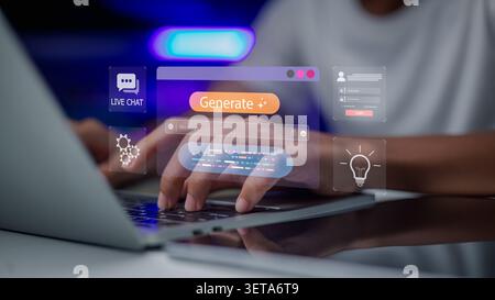Hands on laptop with virtual screen UI displaying a Generate button, prompt message box, live chat, and idea bulb icons, representing artificial intel Stock Photo