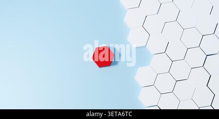 Minimalist 3d background featuring white hexagons with one unique red piece standing out. Conceptual image for cybersecurity flaw, uniqueness, individ Stock Photo