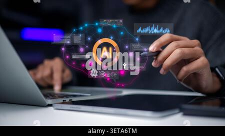 Professional hand holding stylus pen interacting with artificial intelligence brain hologram, machine learning nodes, and digital data graphs over a l Stock Photo